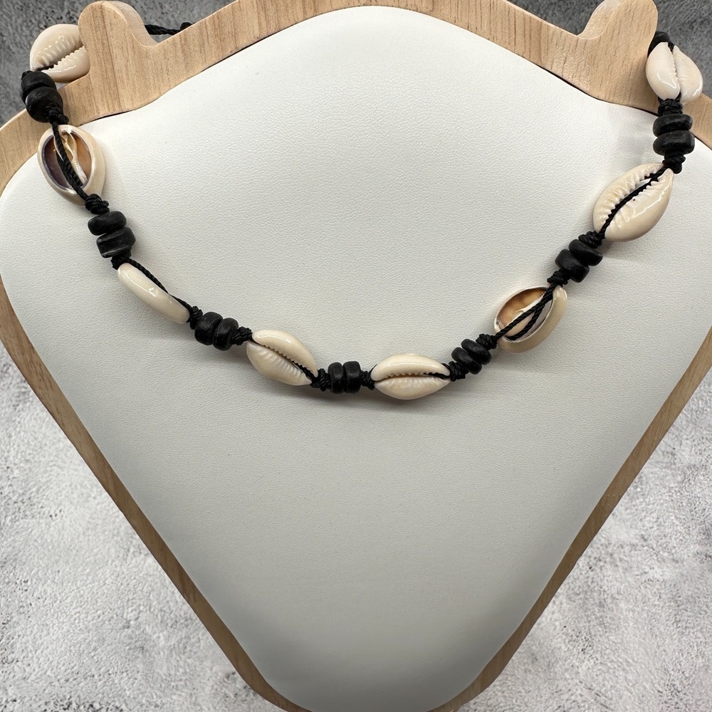 Natural Cowrie Shell Black Bead Cord Necklace Boho Surfer Beach Choker Vintage